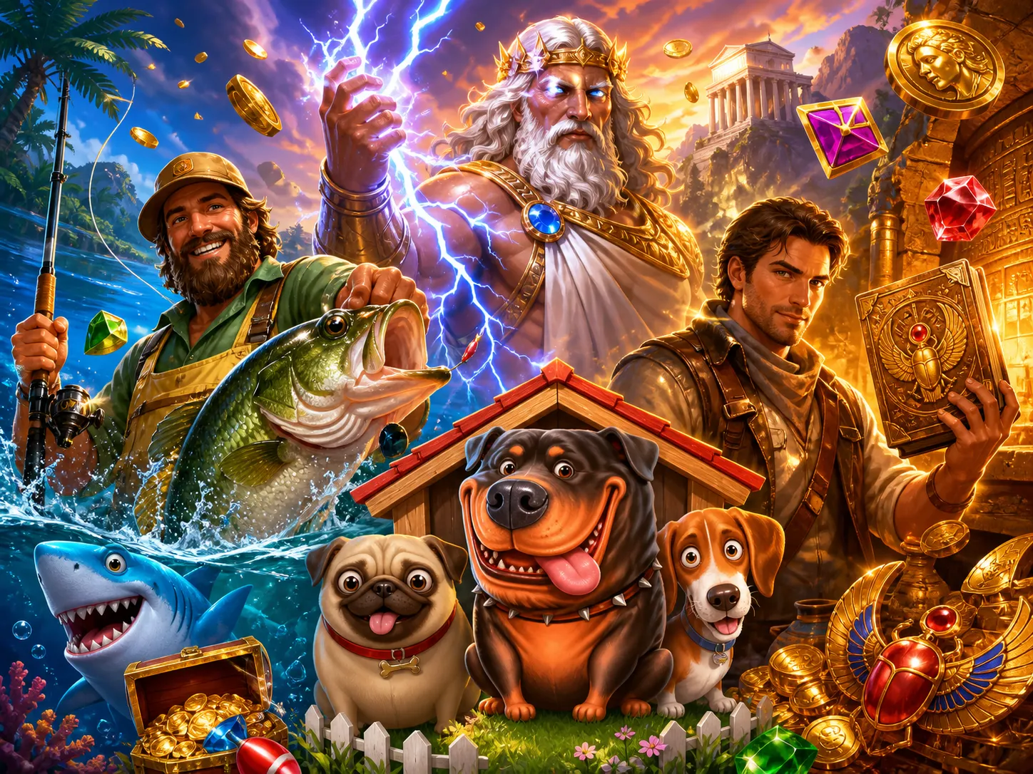 Illustration of slot game characters and worlds with fantasy, adventure, and mythological themes.