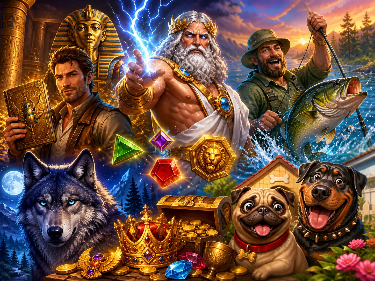 A vibrant and dynamic illustration of slot game characters in a magical fantasy world with colorful environments and symbols.